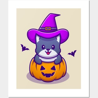 Cute Witch Cat With Pumpkin Halloween Posters and Art